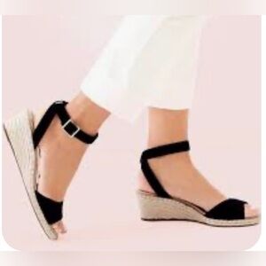 Lands End Womens Black Espadrilles Wedge Heels Sandals Size 6.5 Ankle Strap
